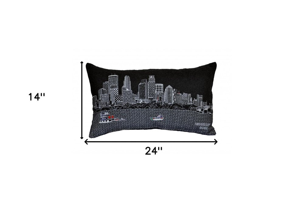 14" X 24" Dark Gray And White Lumbar Minneapolis Hometown Pride Wool Throw Pillow with Embroidery