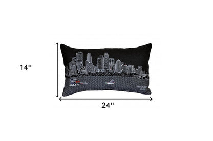 14" X 24" Dark Gray And White Lumbar Minneapolis Hometown Pride Wool Throw Pillow with Embroidery