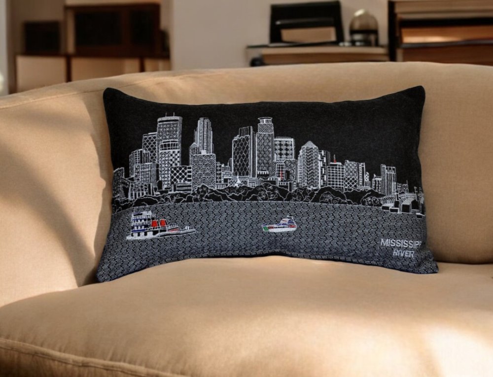 14" X 24" Dark Gray And White Lumbar Minneapolis Hometown Pride Wool Throw Pillow with Embroidery