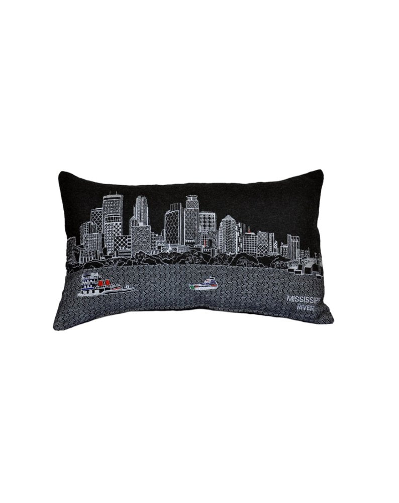 14" X 24" Dark Gray And White Lumbar Minneapolis Hometown Pride Wool Throw Pillow with Embroidery