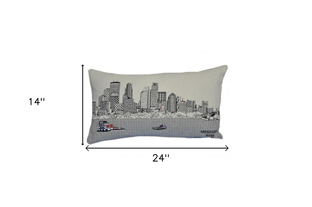 14" X 24" Cream Minneapolis Daylight Skyline Lumbar Decorative Pillow
