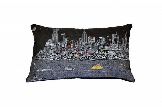 14" X 24" Dark Gray And White NYC Nighttime Skyline Lumbar Decorative Pillow