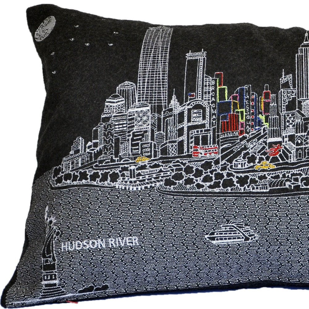 14" X 24" Dark Gray And White NYC Nighttime Skyline Lumbar Decorative Pillow