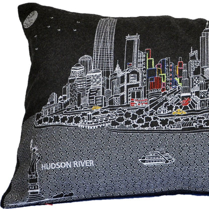 14" X 24" Dark Gray And White NYC Nighttime Skyline Lumbar Decorative Pillow