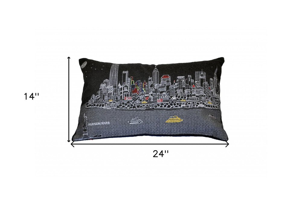 14" X 24" Dark Gray And White NYC Nighttime Skyline Lumbar Decorative Pillow