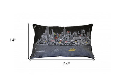 14" X 24" Dark Gray And White NYC Nighttime Skyline Lumbar Decorative Pillow
