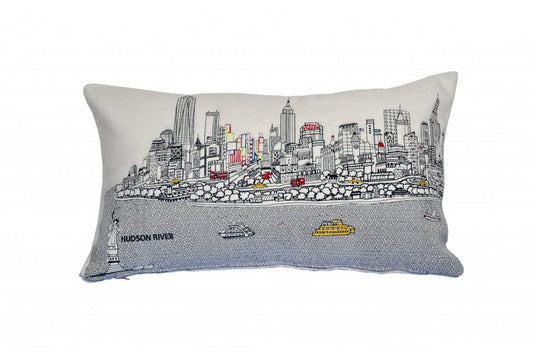 14" X 24" Cream NYC Daylight Skyline Lumbar Decorative Pillow