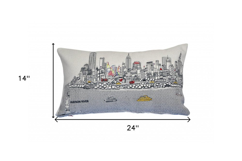 14" X 24" Cream NYC Daylight Skyline Lumbar Decorative Pillow