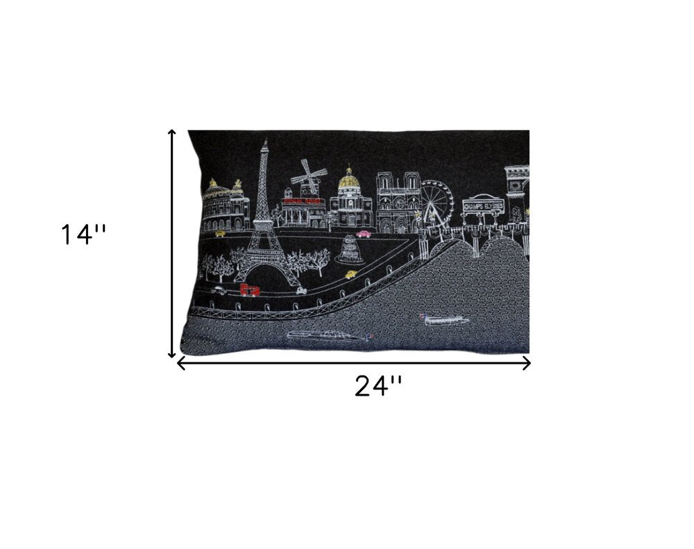14" X 24" Dark Gray And White Paris Nighttime Skyline Lumbar Decorative Pillow