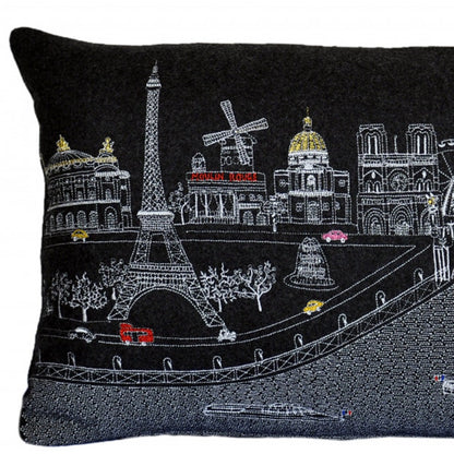 25" Black Paris Nighttime Skyline Standard Lumbar Decorative Pillow