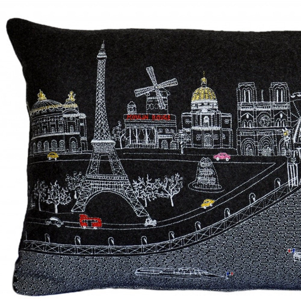 14" X 24" Black Gray and White Hometown Pride Wool Lumbar Throw Pillow