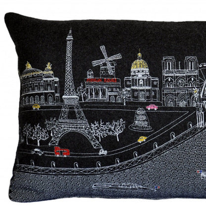 14" X 24" Dark Gray And White Paris Nighttime Skyline Lumbar Decorative Pillow