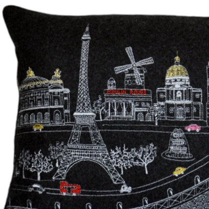 14" X 24" Dark Gray And White Paris Nighttime Skyline Lumbar Decorative Pillow