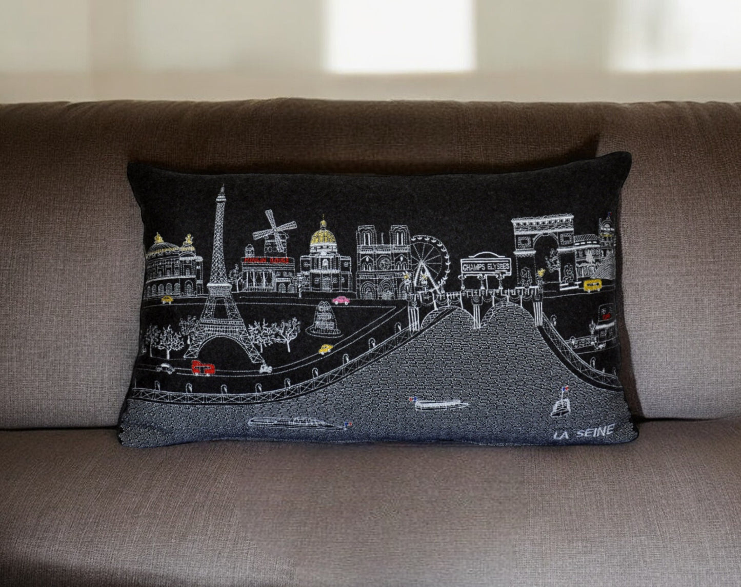 25" Black Paris Nighttime Skyline Standard Lumbar Decorative Pillow