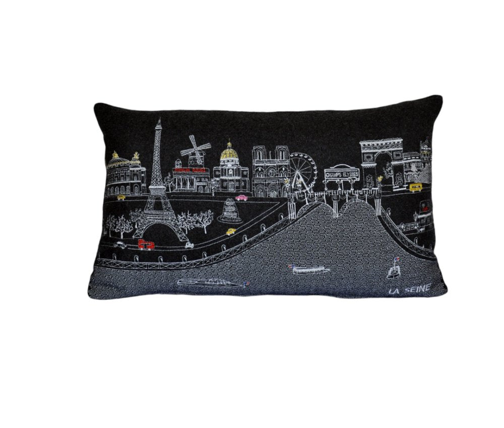14" X 24" Dark Gray And White Paris Nighttime Skyline Lumbar Decorative Pillow