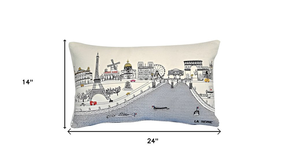 14" X 24" Cream Paris Daylight Skyline Lumbar Decorative Pillow