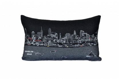 14" X 24" Dark Gray And White Philadelphia Nighttime Skyline Lumbar Decorative Pillow