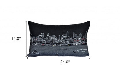 14" X 24" Dark Gray And White Philadelphia Nighttime Skyline Lumbar Decorative Pillow