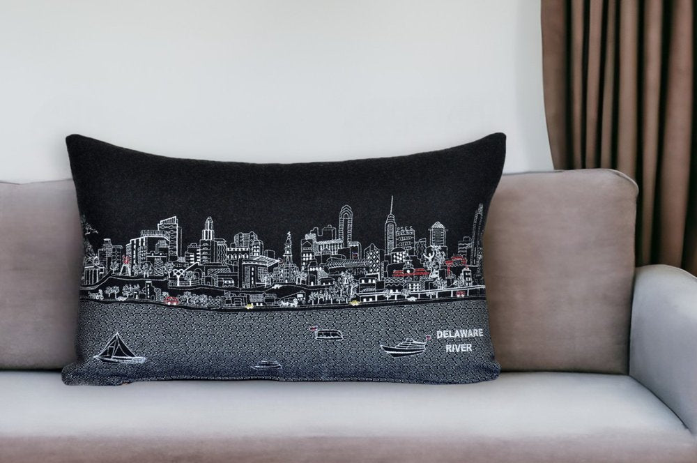 14" X 24" Black Gray and White Hometown Pride Wool Lumbar Throw Pillow
