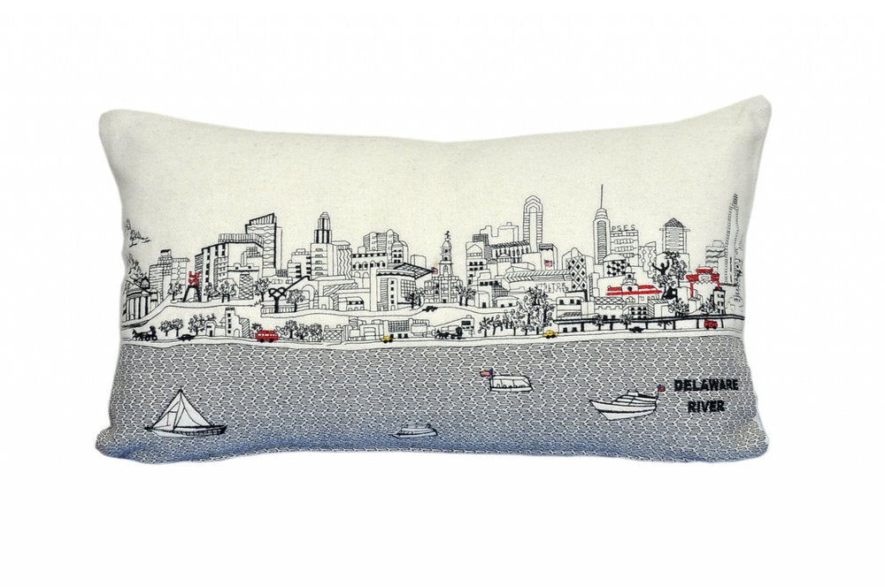 14" X 24" Cream Philadelphia Daylight Skyline Lumbar Decorative Pillow