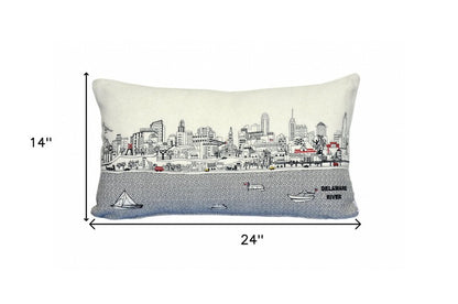 14" X 24" Cream Philadelphia Daylight Skyline Lumbar Decorative Pillow