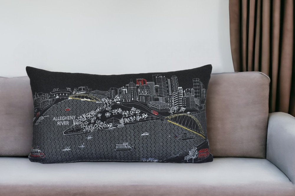 14" X 24" Black Gray and White Hometown Pride Wool Lumbar Throw Pillow