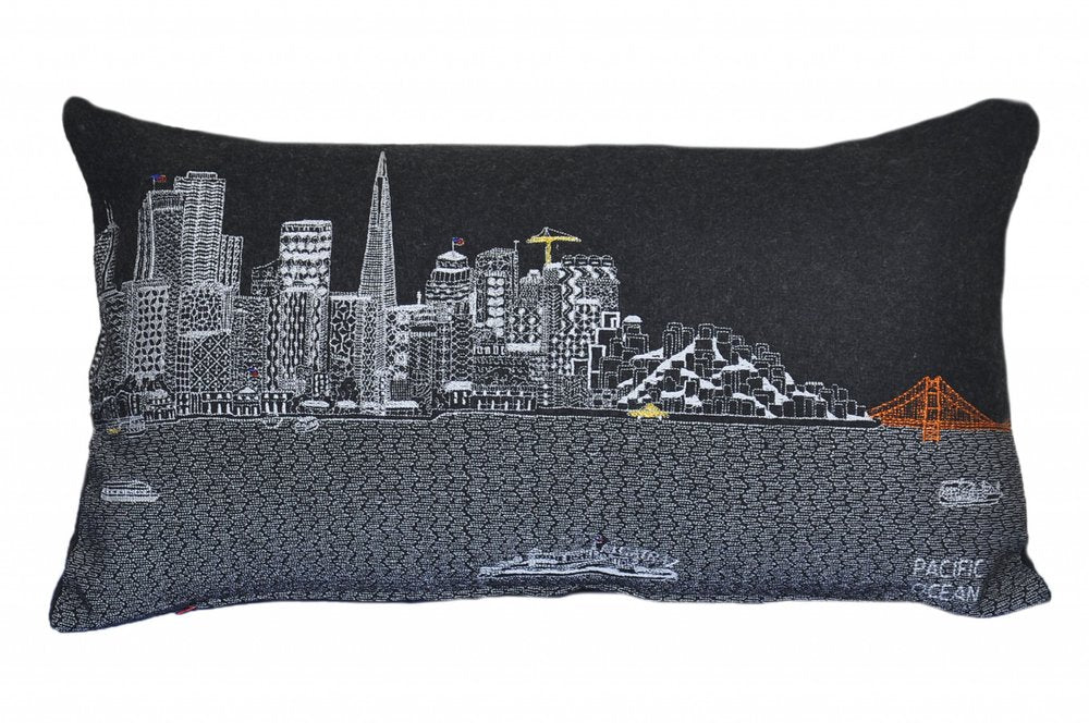 14" X 25" Dark Gray And White San Francisco Nighttime Skyline Lumbar Decorative Pillow