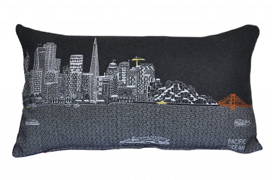 14" X 25" Dark Gray And White San Francisco Nighttime Skyline Lumbar Decorative Pillow