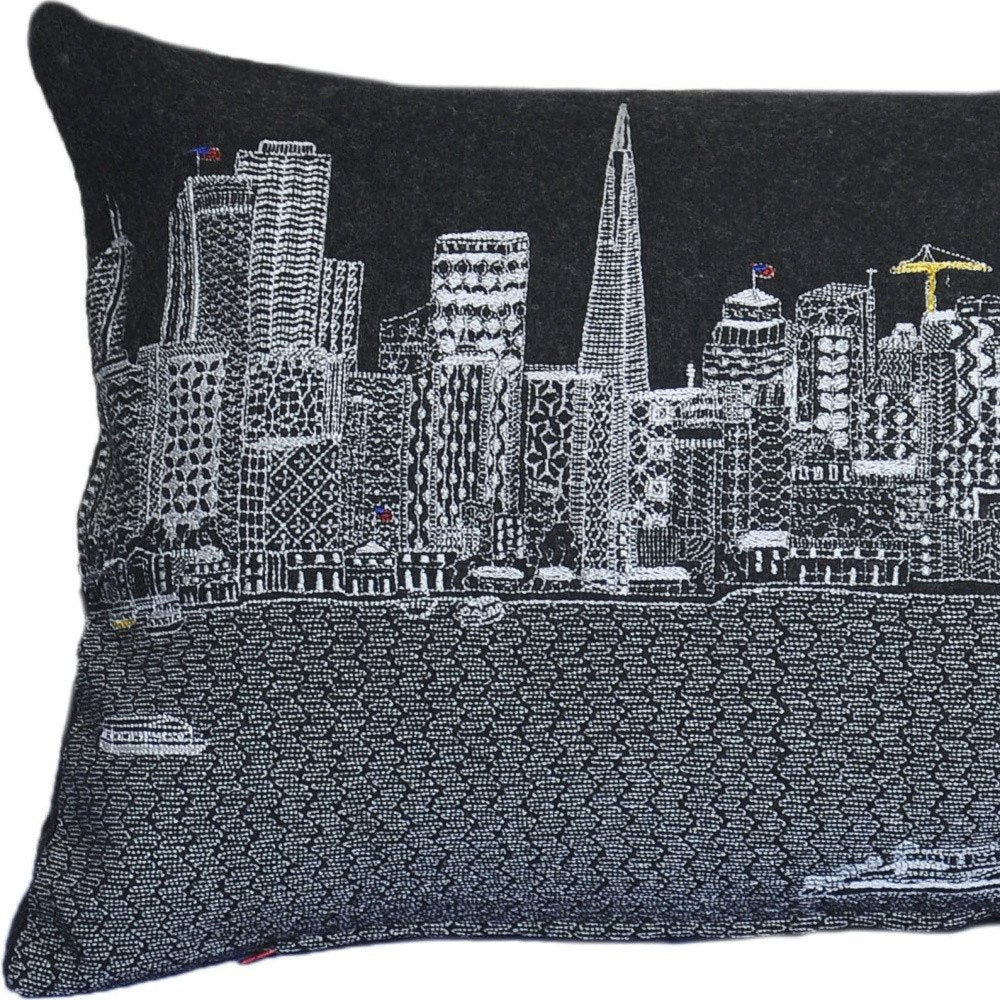 14" X 25" Dark Gray And White San Francisco Nighttime Skyline Lumbar Decorative Pillow