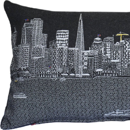 14" X 25" Dark Gray And White San Francisco Nighttime Skyline Lumbar Decorative Pillow