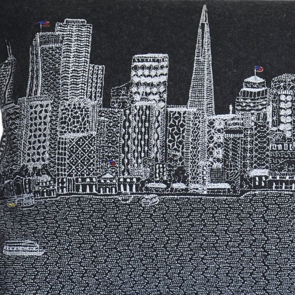 14" X 25" Dark Gray And White San Francisco Nighttime Skyline Lumbar Decorative Pillow