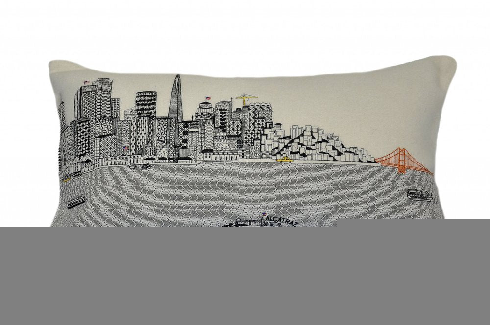 14" X 24" Cream San Francisco Daylight Skyline Lumbar Decorative Pillow