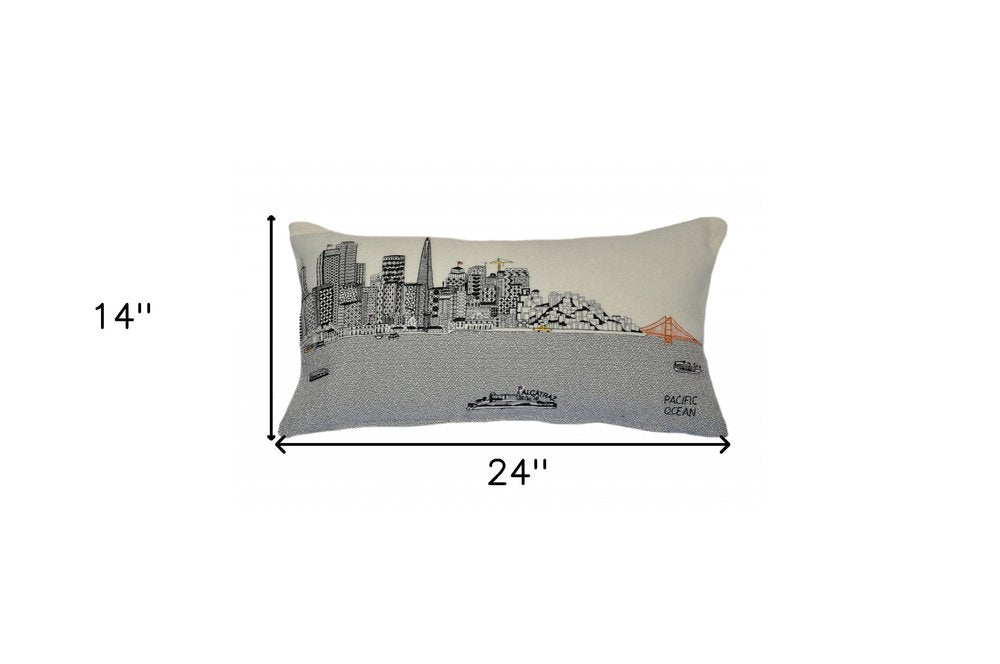 14" X 24" Cream San Francisco Daylight Skyline Lumbar Decorative Pillow
