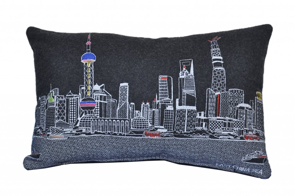 14" X 24" Dark Gray And White Shanghai Nighttime Skyline Lumbar Decorative Pillow
