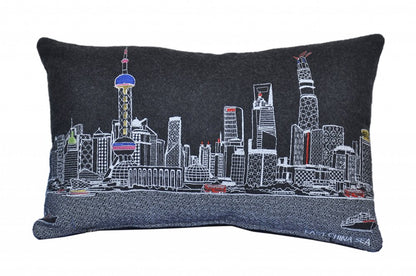 14" X 24" Black Gray and White Hometown Pride Wool Lumbar Throw Pillow