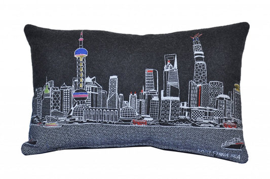 14" X 24" Black Gray and White Hometown Pride Wool Lumbar Throw Pillow