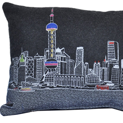 14" X 24" Dark Gray And White Shanghai Nighttime Skyline Lumbar Decorative Pillow
