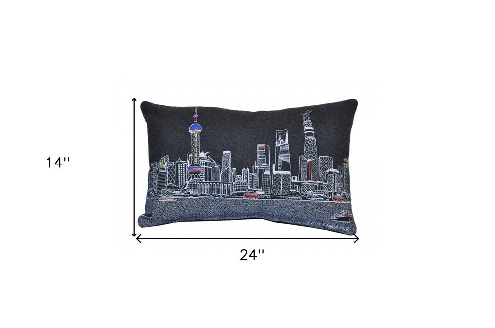 14" X 24" Dark Gray And White Shanghai Nighttime Skyline Lumbar Decorative Pillow