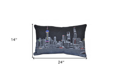 14" X 24" Dark Gray And White Shanghai Nighttime Skyline Lumbar Decorative Pillow