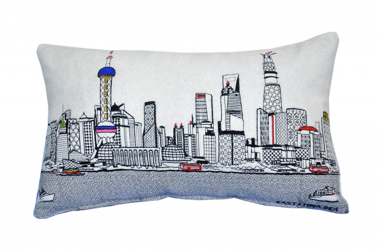 25" White Shanghai Daylight Skyline Lumbar Decorative Pillow