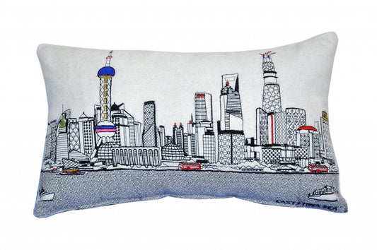 14" X 25" Cream Shanghai Daylight Skyline Lumbar Decorative Pillow
