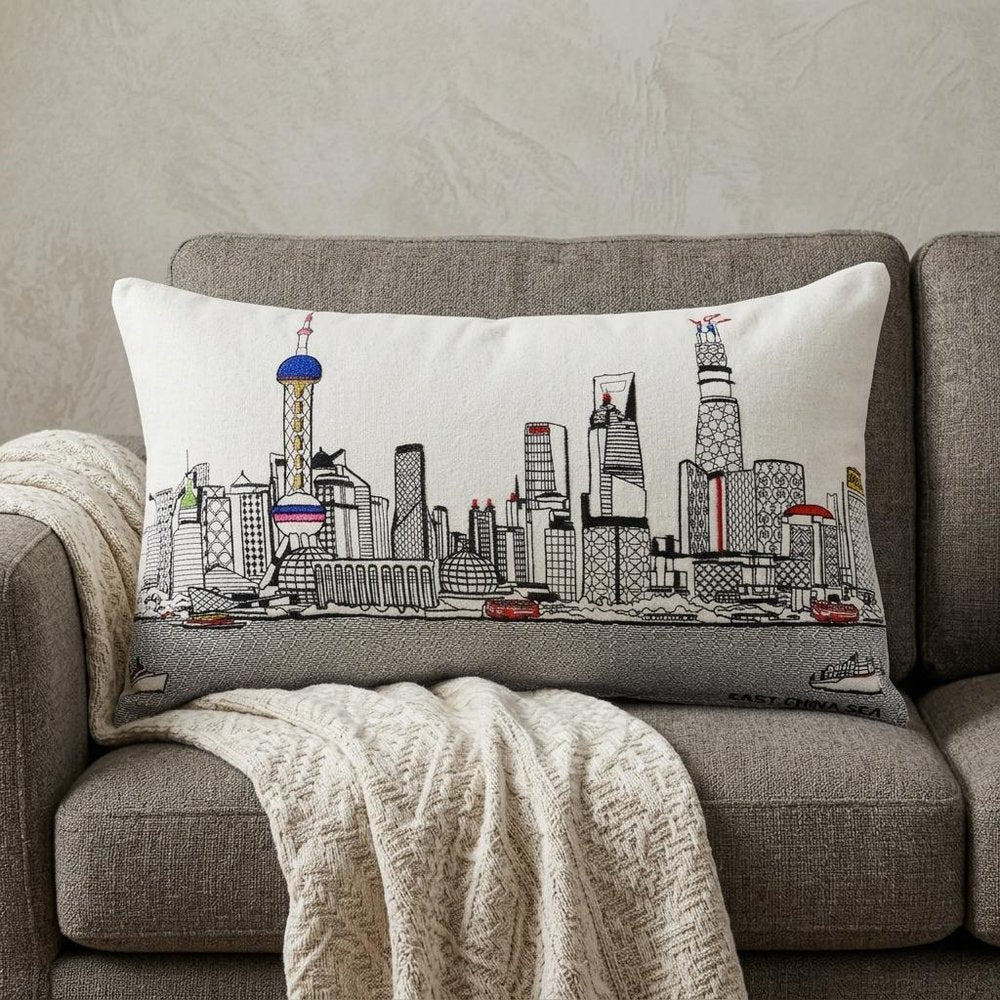 14" X 25" Cream Shanghai Daylight Skyline Lumbar Decorative Pillow
