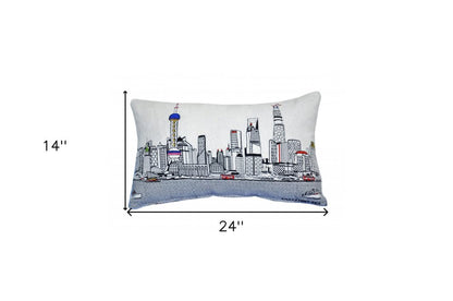 14" X 25" Cream Shanghai Daylight Skyline Lumbar Decorative Pillow