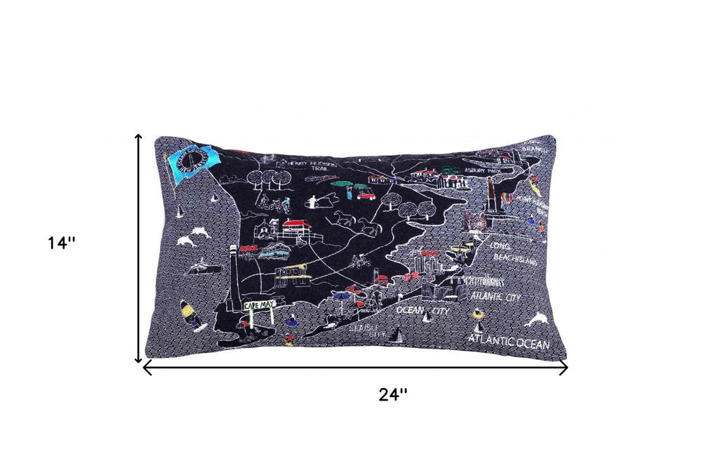 14" X 25" Dark Gray And White Lumbar Jersey Shore Nighttime Skyline Lumbar Decorative Pillow