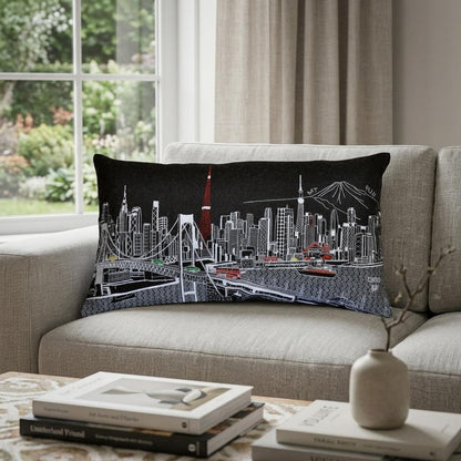 14" X 24" Dark Gray And White Tokyo Nighttime Skyline Lumbar Decorative Pillow