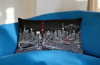 25" Black Tokyo Nighttime Skyline Lumbar Decorative Pillow