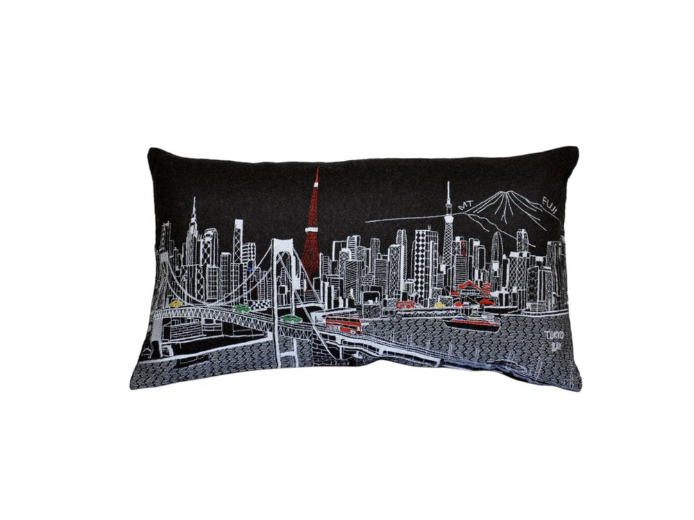 14" X 24" Dark Gray And White Tokyo Nighttime Skyline Lumbar Decorative Pillow