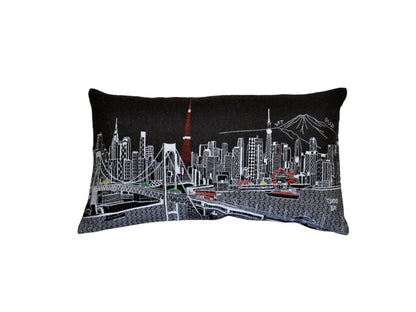 14" X 24" Dark Gray And White Tokyo Nighttime Skyline Lumbar Decorative Pillow