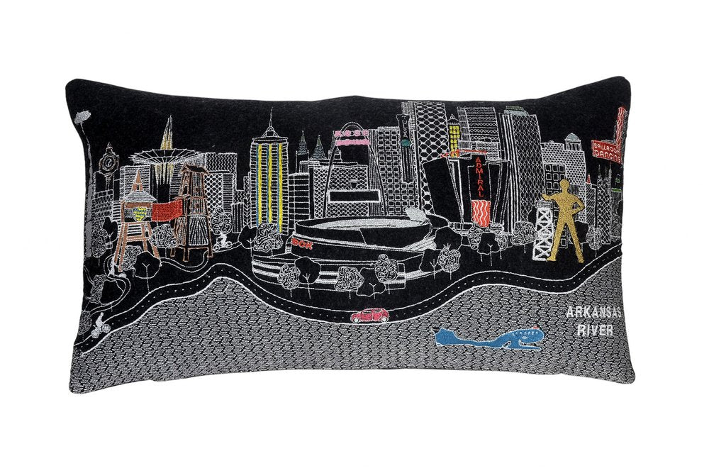 14" X 25" Dark Gray And White Tulsa Nighttime Skyline Lumbar Decorative Pillow