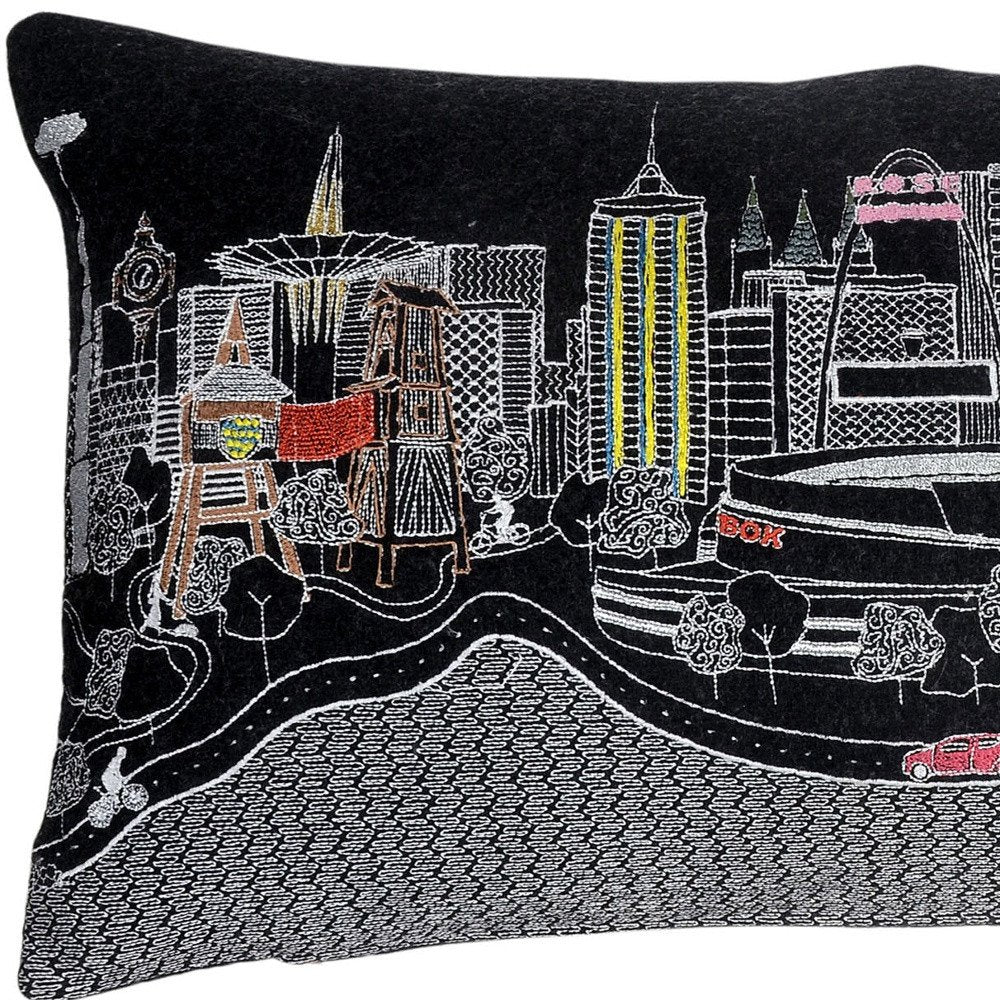 14" X 25" Dark Gray And White Tulsa Nighttime Skyline Lumbar Decorative Pillow